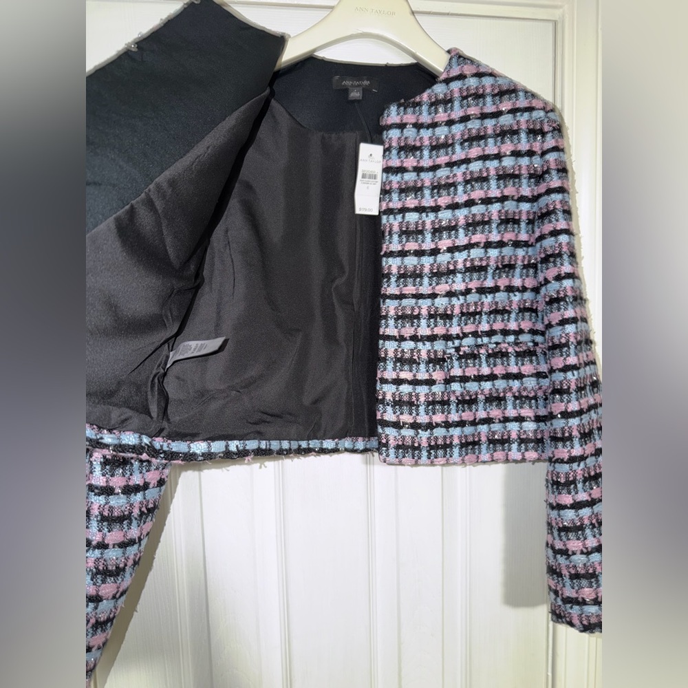 Ann Taylor Pink, Black & Light Blue Tweed Cropped Blazer - Picture 2 of 5